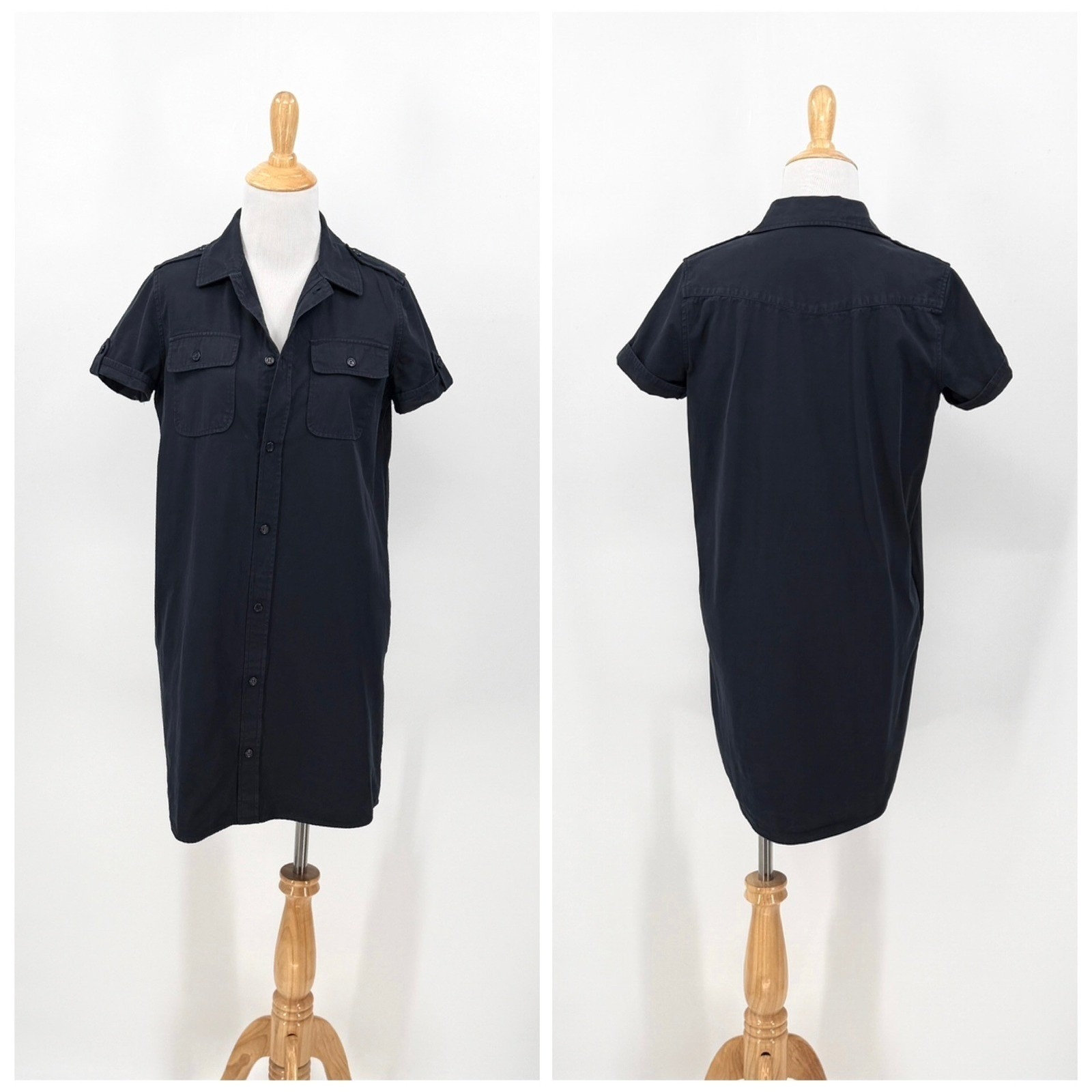 Apc Paris Vintage Safari Shirt Dress Womens Medium Navy Blue Cotton Short Sleeve